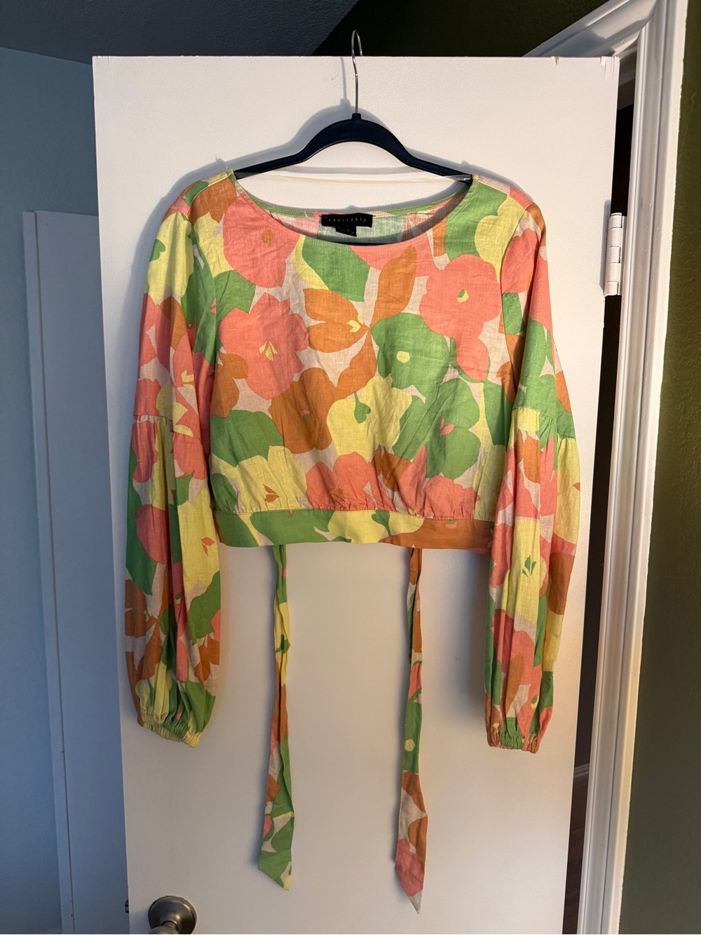 Floral Tie-Front Long Sleeve Crop Top Set- Pink & Green